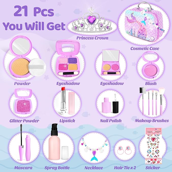 INNOCHEER Pretend Makeup for Toddlers Toys, Fake Makeup Mermaid Toys for Girls Purse, Toddler Makeup Kit Pretend Play Makeup Toys, Toy Mermaid Makeup for Kids, Gifts Toys for 3 4 5 6 7+ Year Old Girls