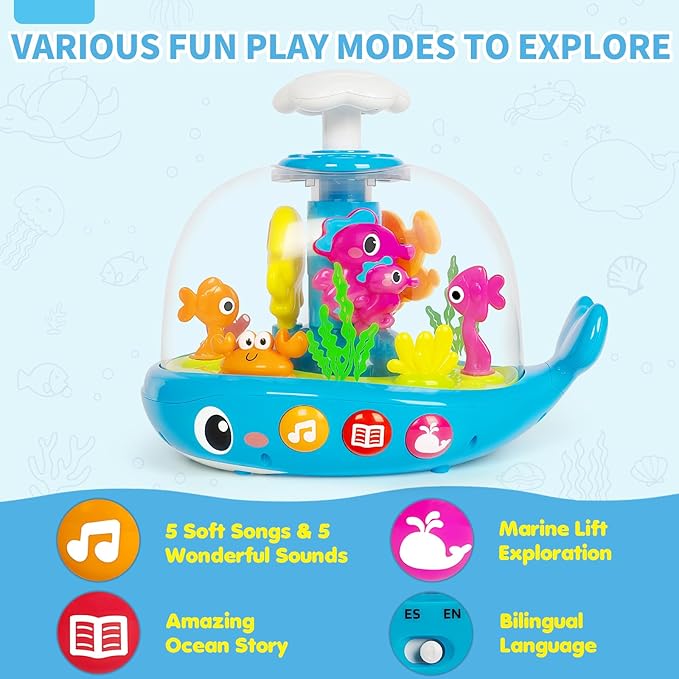 Baby Toys 6 to 12 Months, Musical Aquarium Infant Toys for 7 8 9 10 11 Months, Early Learning Educational Toy with Sound, Press Glow Spin for Cause and Effect, Christmas Birthday Gifts for Boy Girl