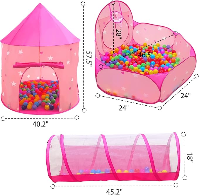 3PC Princess Tent for Girls with Kids Ball Pit, Kids Play Tents and Crawl Tunnel for Toddlers, Pink Pop Up Playhouse Toys for Baby Indoor& Outdoor Tent Games (Pink Tent with Stars 3pc)