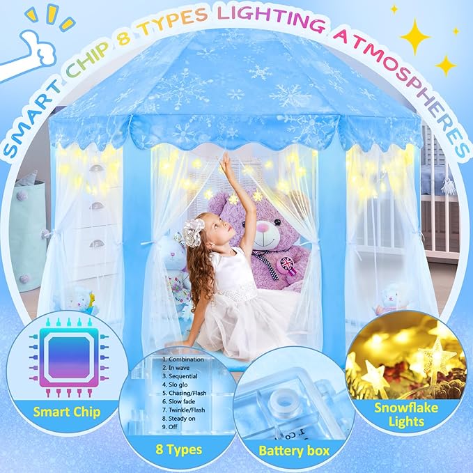 EVOIONOS Frozen Princess Tent for Girls, Kids Play Tent with Snowflake Lights, Castle Playhouse for Children Indoor Outdoor Games, 55 x 53 inches, Blue
