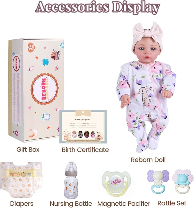 BABESIDE 18-Inch Reborn Baby Doll Girl – Realistic Lifelike Bebe Reborn de Silicona with Bunny Outfit, Magnetic Pacifier, Bottle, Diaper & Birth Certificate, Real Life Baby Dolls Gift for Kids