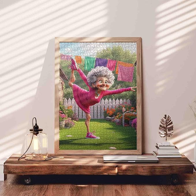 Funny Cartoon Granny Jigsaw Puzzle for Adults 1000 Piece Colorful Backyard Scene Elderly Lady Doing Yoga in Garden 20×27 Inches Puzzles Fun Brain Game for Family and Friends Stress Relief