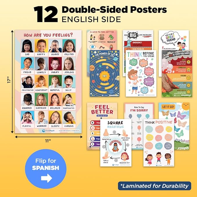 12 Laminated Feelings Posters for Kids - English & Spanish - Calm Down Corner Supplies - Therapy & School Counselor Supplies - Emotions Posters for Home and Calming Corner Classroom