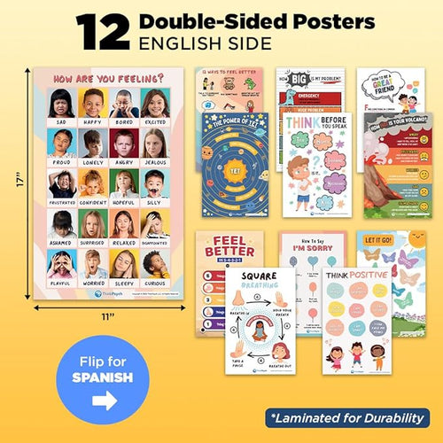 12 Laminated Feelings Posters for Kids - English & Spanish - Calm Down Corner Supplies - Therapy & School Counselor Supplies - Emotions Posters for Home and Calming Corner Classroom