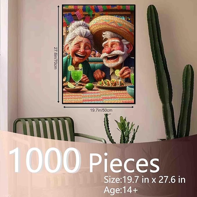 Laughing Old Couple Dining Fiesta 1000 Piece Jigsaw Puzzle for Adults and Students Fun Mexican Style Food Theme Colorful Cartoon Art Decor 20×27 Inches Relaxing Brain Challenge Gift