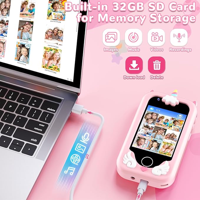 Lapare Kids Smart Phone Toy for Girls, Christmas Birthday Gifts for Girls Age 3-10, 2.8" Touchscreen Toddler Learning Play Toy Phone with Dual Camera, Game, Music Player, 32GB Card(Pink)