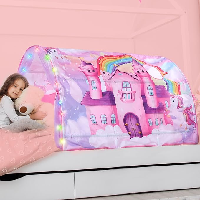 Unicorn Bed Tent for Kids Large Kids Twin Tent Toddler Play Bed with Carry Bag Foldable with String Lights for Girls Boys Bedroom Indoor Games