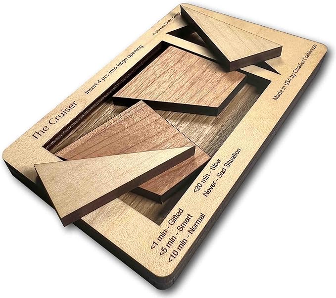 Perfect Gift for Puzzle Lovers - The Cruiser - 4 Piece Wooden Brain Teaser - Desktop and Coffee Table Fidget Toys