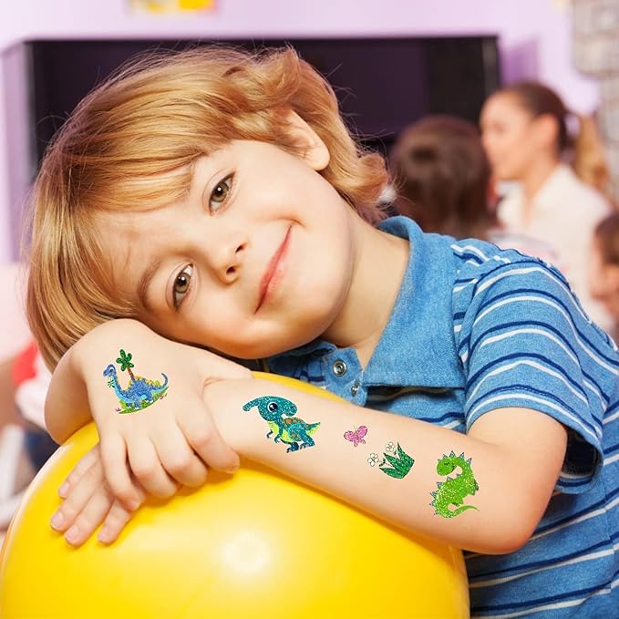 Partywind 120 Glitter Styles Dinosaur Tattoos for Kids Party Supplies, Dinosaur Birthday Party Favors Decorations, Fake Tattoo Stickers for Boys and Girls (12 Sheets)