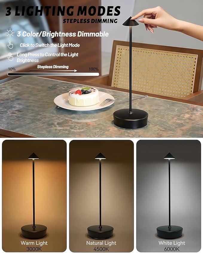 2 Packs Black Cordless Rechargeable Table Lamp 7200mAh Portable Touch Control LED Waterproof Table Lamp for Bar Bedroom Reading