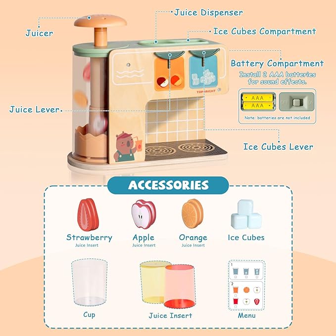 Top Bright Drink Dispenser Kids Play Kitchen Accessories, Pretend Play Toys Food with Sounds Effects, Wooden Kitchen Playset for Toddlers 3+