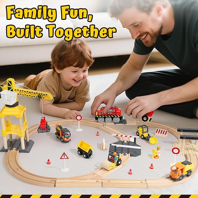 Lehoo Castle Wooden Train Set, Construction Toys Train Set for Toddlers 2-4, Wooden Train Track for Kids w/Crane, Railway Playset Toys for 3 Year Old Boys Girls