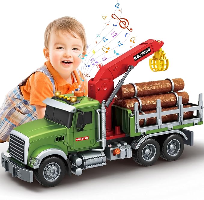 Mostop Logging Truck Kids Toy for 3 4 5 6 7 8 Year Old Boys, 15’’ Farm Logging Truck with Crane and 6 Trunks, Lights, Sounds, Friction Powered Timber Transport Log Tow Truck Toy Birthday Gift