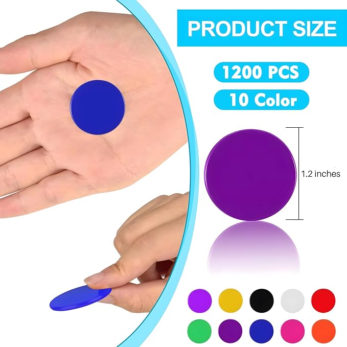 Coopay 1000 Pieces 10 Colors 1-1/5 inch Plastic Learning Counters Disks Bingo Chip Counting Discs Markers for Math Practice and Poker Chips Game Tokens