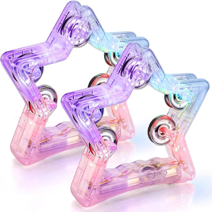 Facmogu 2 Pack Light Up Tambourines W/ 10 Metal Jingles, 3 Modes LED Flashing Musical Tambourine Handheld Percussion Instrument Glow Tambourine for Wedding Party Halloween Christmas Music Stage