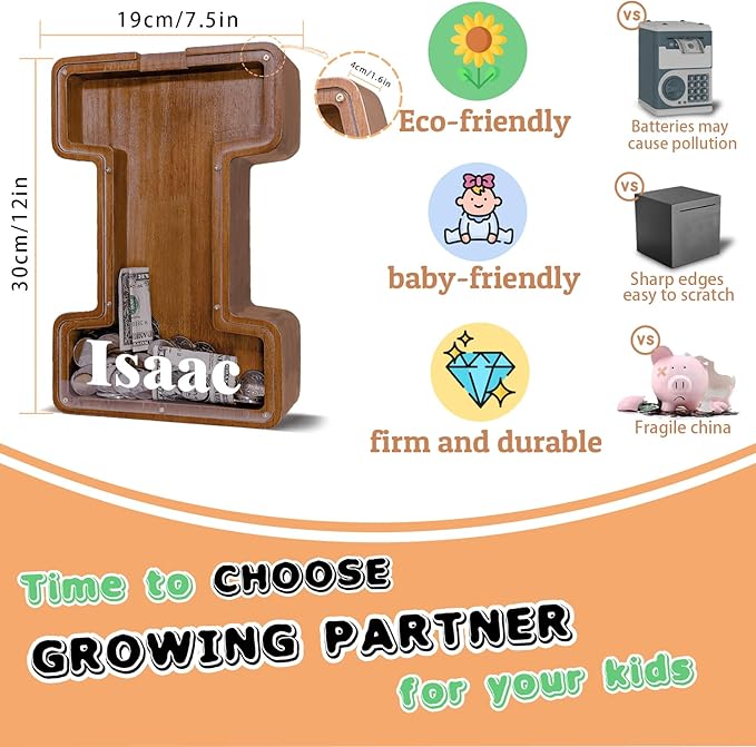 Wooden Letter Piggy Bank for Kids Larger Letter Piggy Bank for Boys and Girls Personalized Piggy Bank Initial Coin Bank Wood Kids Money Bank for Birthday and Festival