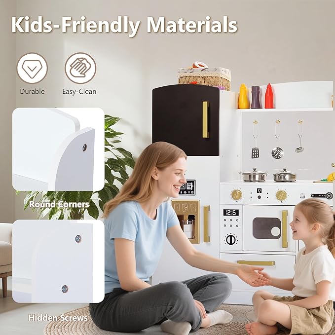Kinder King Wooden Kids Play Kitchen, Toy Kitchen Playset for Toddler, Play Kitchen Set w/Blackboard, Transparent Coloring Board, Pretend Dishwasher, Oven, Ice Maker, Gift for Boys Girls Age 3+, White