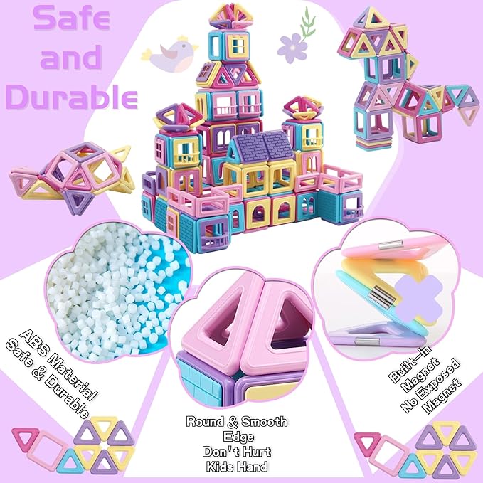 ASOK Magnetic Building Block 155pcs Educational Magnet Tiles Creative Learning and Development Macaron Color Toys Set for 3 4 5 6 7 8 Years Old Boys Girls Kids