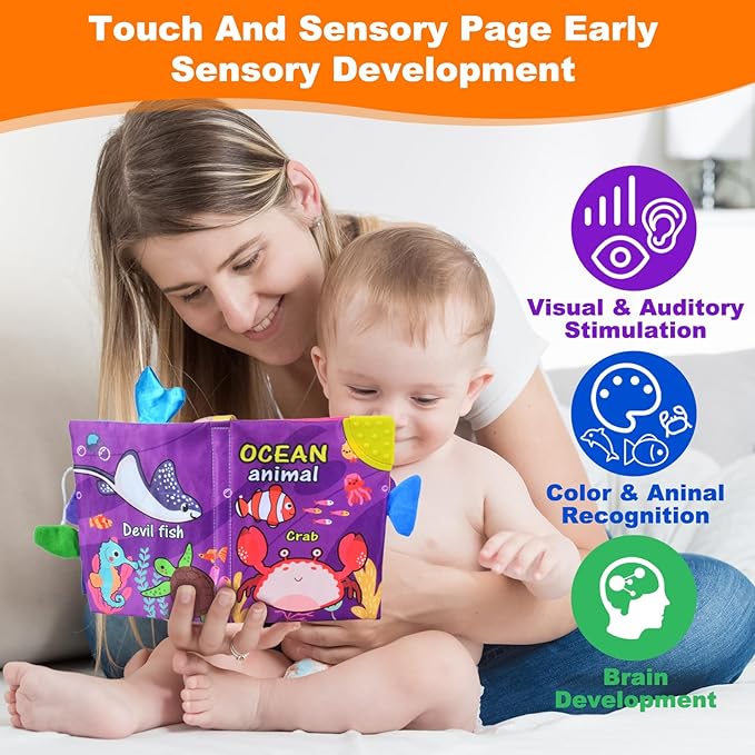 Crinkle Books for Babies,Touch and Feel Cloth Soft Books for Babies,Sensory for Baby Books 0-6 Months with Bi Bi Whistle,Mirror & Teething Toys,for Boy and Girl Gifts for Newborn Babies