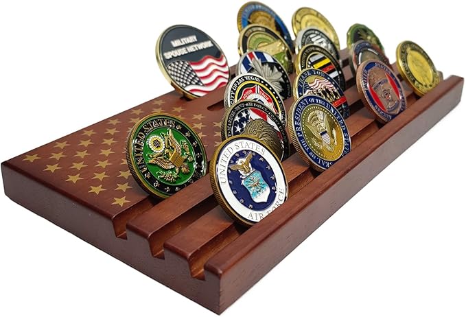 Challenge Coin Display Wooden Army Collectible Coins Holder 6 Row Display American Flag