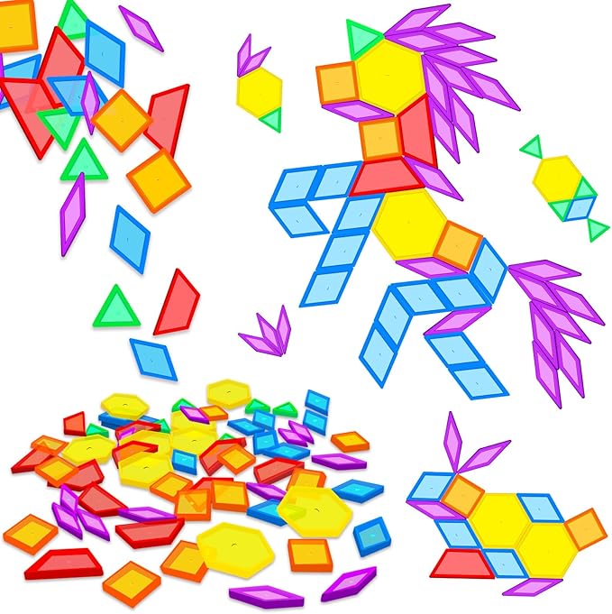 Bbiamsleep 140 Pcs Translucent Pattern Blocks Plastic Transparent Geometric Shape Blocks Light Table Manipulatives Accessories Sensory Bin Filler for Light Table Sorting Counting Spelling Training
