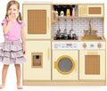 Costzon Kids Kitchen Playset, Wooden Play Kitchen w/Rattan Door, Realistic Lights & Sounds, Water Dispenser, Washing Machine, Cooking Accessories, Montessori Toy for Kids 3+ Year Old (Yellow)