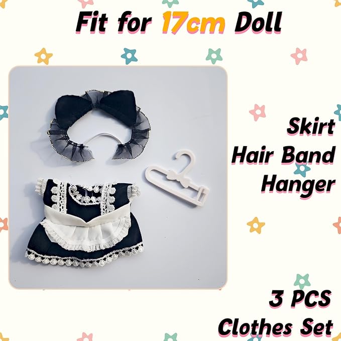 17cm Doll Clothes Set, Cute Girls Doll Outfits, 3 PCS Black Maid Style Dress Outfits Exquisite Accessories