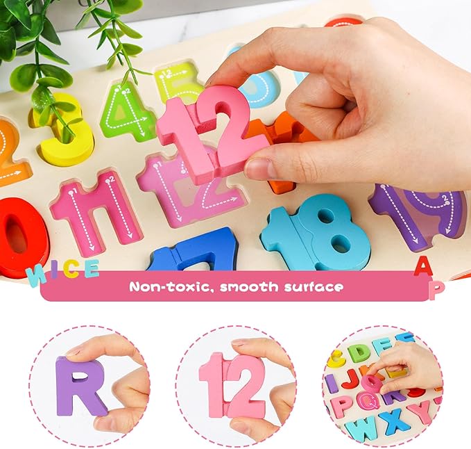 AMOR PRESENT Wooden Puzzles for Toddlers, Alphabet and Number Shape Puzzle Board, Preschool Learning Educational Toys for Kids