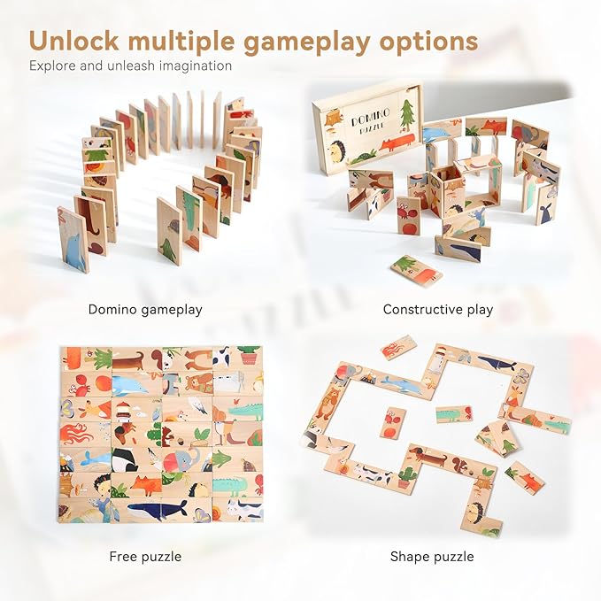 Wooden Puzzles for Toddlers Toddler Puzzles – Montessori Animal Toy Puzzle for Toddlers 3-5 Year Old – Wood Toy Learning Realistic Animals for Boy and Girl(Domino Shape)