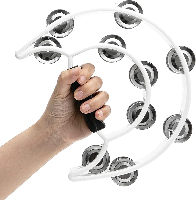 Musfunny Tambourine with Double Row Metal Jingles Hand Held Percussion Tambourines Musical Educational Instrument for Adults Church KTV Party (White)
