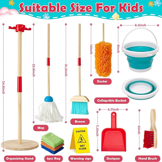 Lonico Wooden Kids Cleaning Toy Set Pretend Play Toys, 12 Pcs Toddlers Cleaning Mop Broom and Dustpan Set with Organizing Stand/Bucket/Duster/Brushes, Toddler Toys Gift for Boys Girls Aged 3 4 5 6