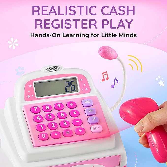 Ice Cream Store Mini Cash Register with Pretend Play Desserts, Working Scanner, Calculator, Microphone, Money and Credit Card