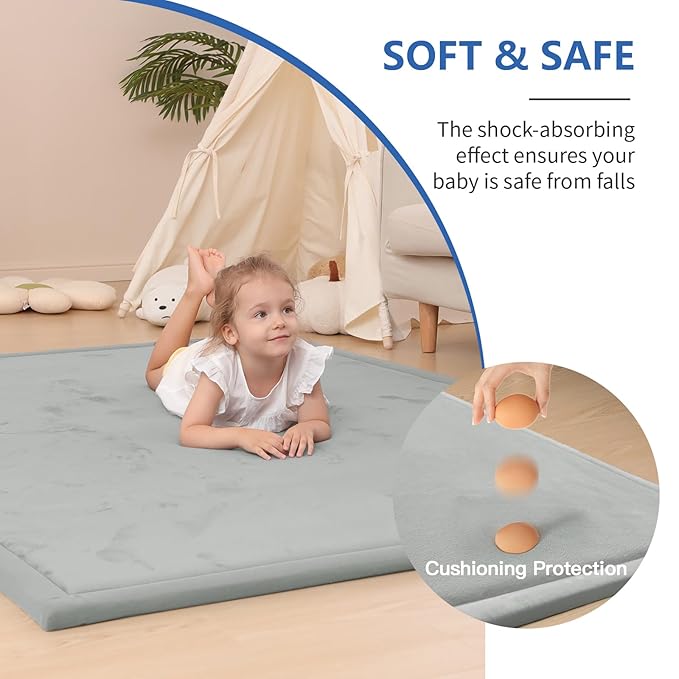 Baby Play Mat for Floor,1.3" Thick Memory foam Tummy Time Mat,Water Repellent Soft Velvet Nursery Rug,Extra Large Non Slip for Crawling,Toddlers,Infants,kids,Tatami Style for Living Room(Light Grey)