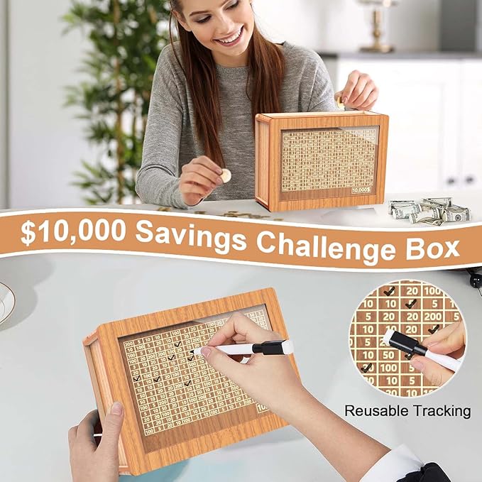 Piggy Bank for Adults Kids, Wooden Coin Bank for Boys and Girls, Cash Vault Money Saving Box with Counter $10000 Savings Challenge Money Box with Money Target and Numbers (2 Pack Brown $10000)