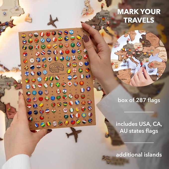 Enjoy The Wood 3D Wood World Map LED 3.0 Wall Art Modern Home Decor Gifts LED Lighting Wall Decor Housewarming Gift (Fusion)