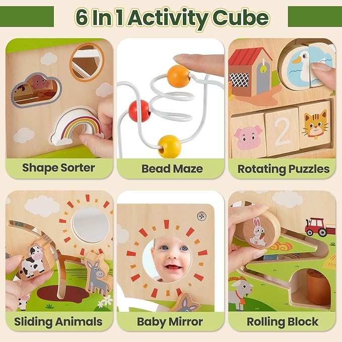 Buyger Wooden Activity Cube Montessori Toy for 1 2 3+ Year Old, 6 in 1 Shape Sorter Sensory Toys Early Learning Educational 1st Birthday Gifts for Kids Baby Boys Girls