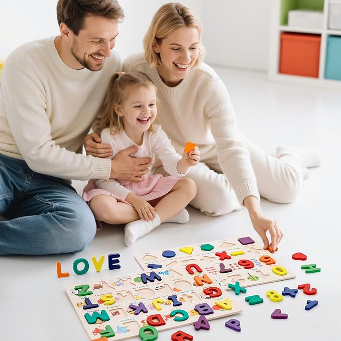Attmu Alphabet Number Puzzle Wooden Puzzles for Toddlers 3 4 5 Year Old, ABC Puzzle Shape Alphabet Learning Puzzles Toys with Puzzle Board & Letter Blocks Preschool Educational for Girls Boys Set of 2