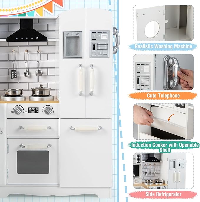 Costzon Corner Kids Kitchen Playset, 11-in-1 Wooden Toy Kitchen Set with Realistic Washing Machine, Microwave, Oven, Stove, Refrigerator, Range Hood, Telephone, Play Kitchen for Toddlers Boys Girls