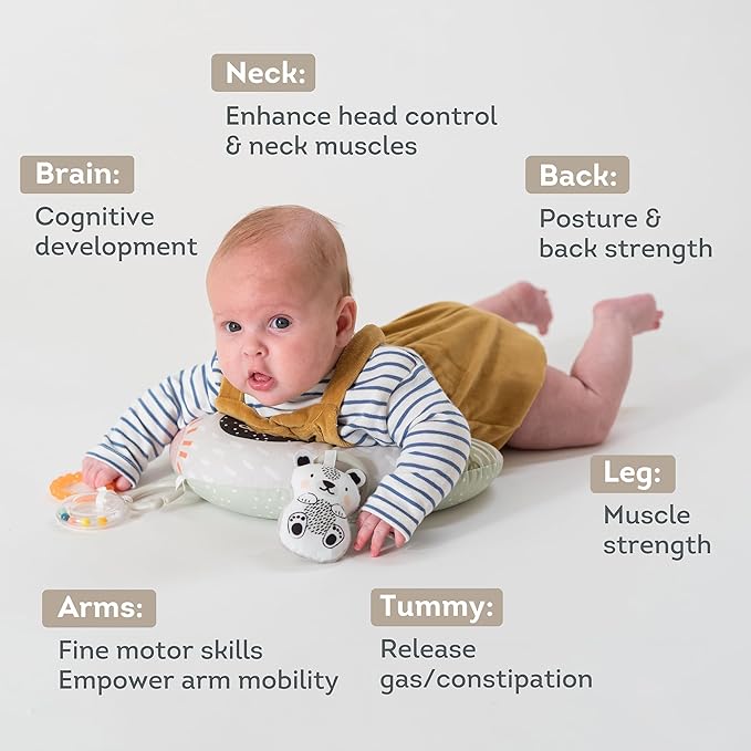 Taf Toys Ergonomic Tummy Time Cushion with Teether and Rattle - Soft and Supportive Baby Cushion for Enhanced Motor Skills Development