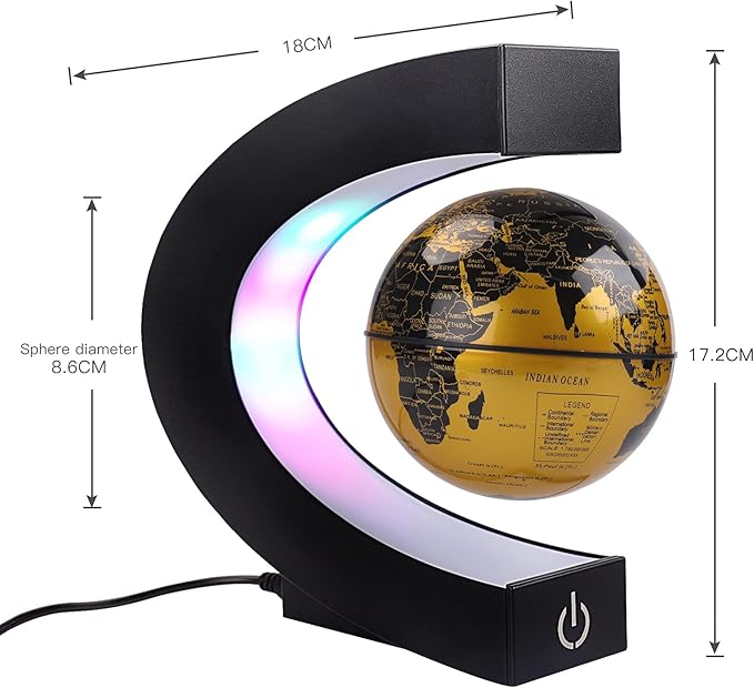 Floating Globe with Colored LED Lights C Shape Anti Gravity Magnetic Levitation Rotating World Map with Touch Switch for Gift Home Office Desk Decoration With Switch (Gold)