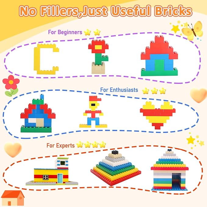 560 Pieces Classic Building Blocks Bulk with 2 Baseplates, Building Bricks in 7 Size and 8 Color, Compatible with All Major Bricks, for Kids & MOC Lovers