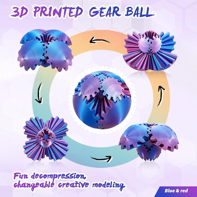Gear Ball-3D Printed Gear Sphere,3D Printed Spin Ball Cube Fidget Toy,The Steampunk Whirling Wonder Fidget Ball Toy(Red Blue)