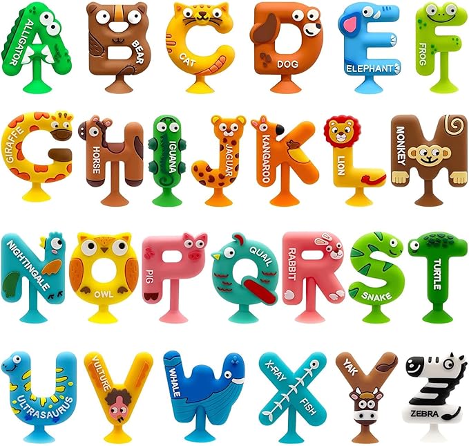 Suction Bath Toy for Toddler, 26PCS Animal Alphabet, Montessori Sensory Toy Gift for Kids Aged 3-12, Educational Spelling for Autism/ADD/ADHD,No Hole Bath Toy for Baby Toddlers