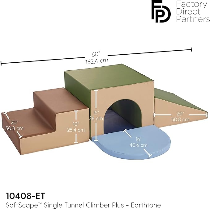 Factory Direct Partners 10408-ET SoftScape Single Tunnel Play Foam Climber Plus, Beginner Toddler Soft Structure for Active Playtime (5-Piece Set) - Earthtone