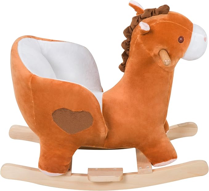 Qaba Kids Ride On Rocking Horse, Plush Animal Toy Sturdy Wooden Rocker with Songs for Boys or Girls