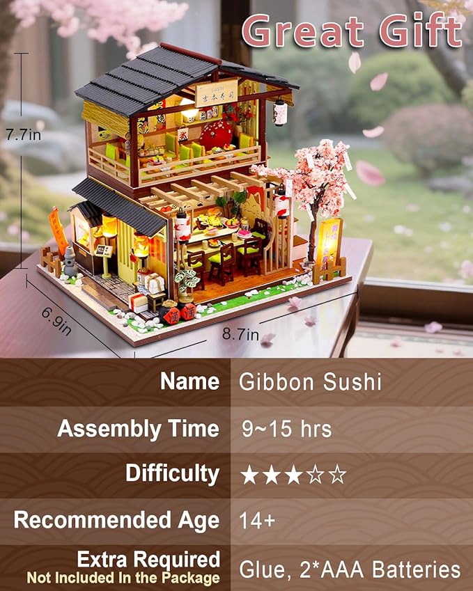 Miniature House Kit – Gibbon Sushi, DIY Wooden Dollhouse for Adults with LED & Furniture, Tiny House Craft Gift for Teens Families Friends