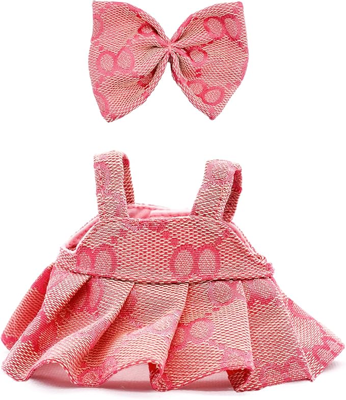 Clothes Compatible with Labubu 17cm Dolls, Premium Dolls Accessories 2 Piece Set Including Chic Grid Spaghetti-Strap Dress and Bow, High-End Fashion Outfit for Play & Display - Pink