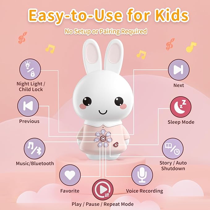 alilo Honey Bunny Pro, Kids Music Player with Night Light, Bluetooth, Recorder, Preloaded 71 Nursery Rhymes, 50 Stories, 55 Soothing Music, Storytelling Toys Gifts for Toddlers Baby Boy Girl,Pink