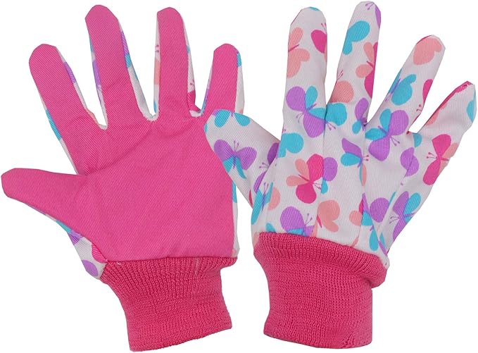HANDLANDY 2 Pairs Kids Gardening Gloves, Girls Boys Children Garden Work Play Gloves (Pink Butterfly & Dot, Small)