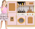 Costzon Kids Kitchen Playset, Wooden Play Kitchen w/Rattan Door, Realistic Lights & Sounds, Water Dispenser, Washing Machine, Cooking Accessories, Montessori Toy for Kids 3+ Year Old (Pink)